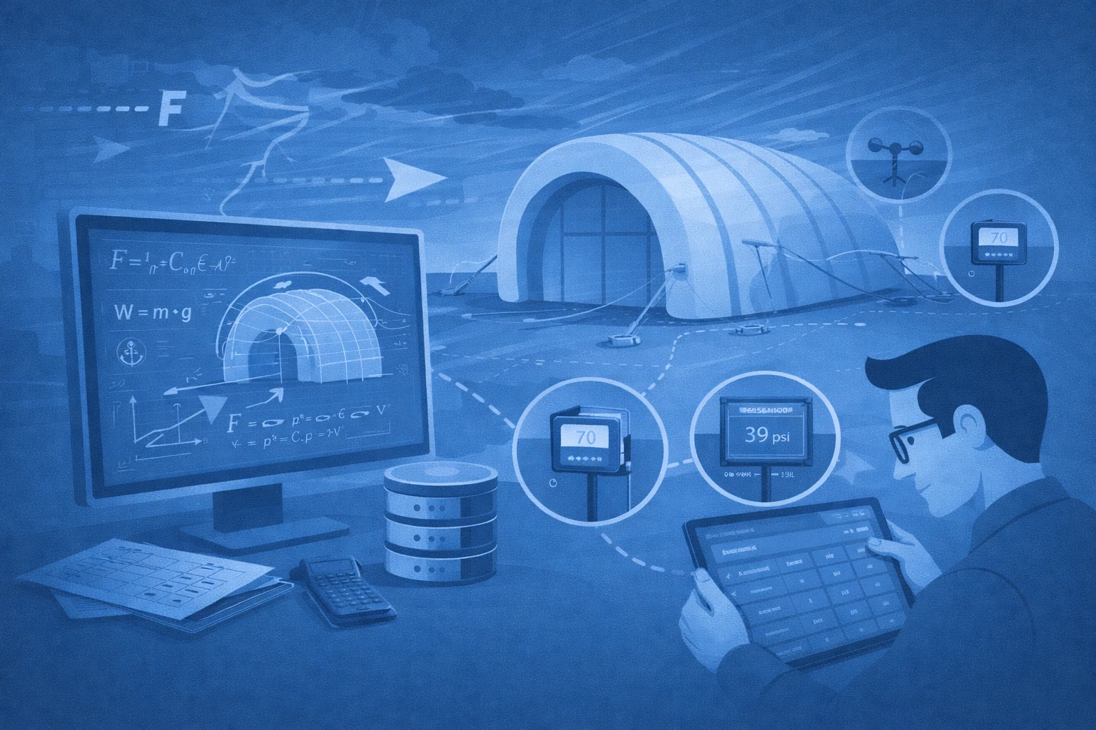 Wind resistance calculation reports and instrumentation for inflatable structures